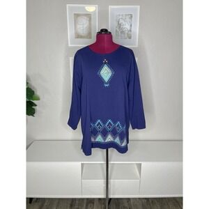 Sabaku Artwear Top Women's 1X Blue 3/4 Sleeve Geometric